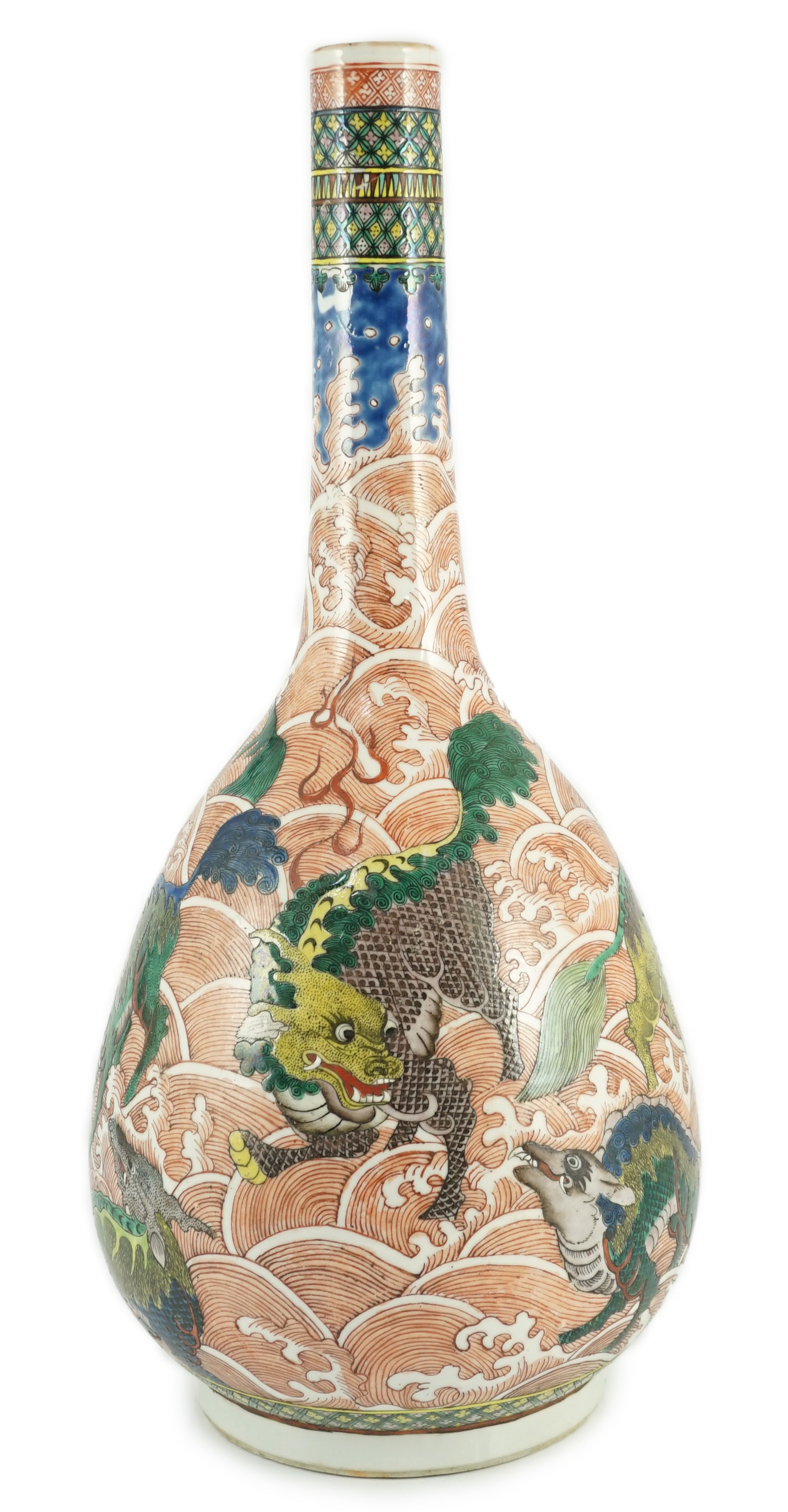 A Chinese famille verte ‘mythical creatures’ bottle vase, 19th century, 46cm high, section of neck broken and reglued